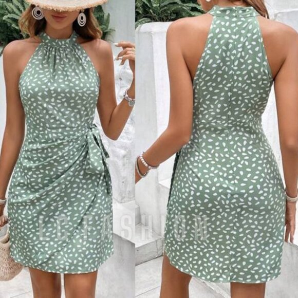 LC FASHION Dresses & Skirts - Boho Dress, Allover Print Knot Side Wrap Hem Halter Dress, Summer Dress